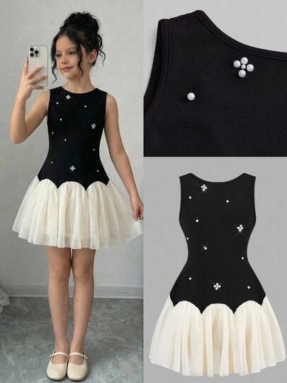 Firerie Kids Tween Girl Black Patchwork Curved Hem Apricot Mesh A-Line Sleeveless Fitted Elegant Dress, Suitable For Summer, Can Be Worn As Tea Party Or Graduation Dress, Suitable For Parties And Formal Occasions Tween Girl Pearl Dress Black Dress With White Bow Tween Black Dress For Tweens Black And White Girl Dress Black And White Dress For Tweens Black Dress With White Pearls For Girls Girls Black And White Elegant Dress Girls Black And White Dress