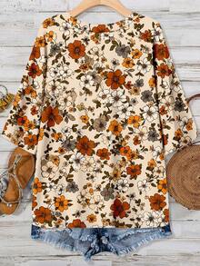 Mellowie 休闲浪漫印花宽松V领口袋短袖T恤，适合夏季、音乐节、派对等场合，尺码齐全。 - 彩色 - 查看 2