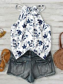 SHEIN LUNE Women's Printed Pattern Halter Neck Camisole, Suitable For Spring And Summer Summer Outfit Floral Print Top,Summer Top - Multicolor - View 3