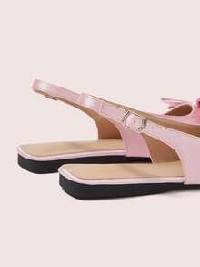 CUCCOO DOLLMOD Pink Satin Bow Slingback Square Toe Back Tripple Flat Mary Jane Flats - Pink - View 4