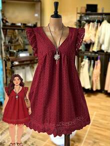 Rusticease Plus Size Red Jacquard Pocket V Neck Cap Sleeve Dress Vacation Beach Spring Summer 2026 - Burgundy - View 1