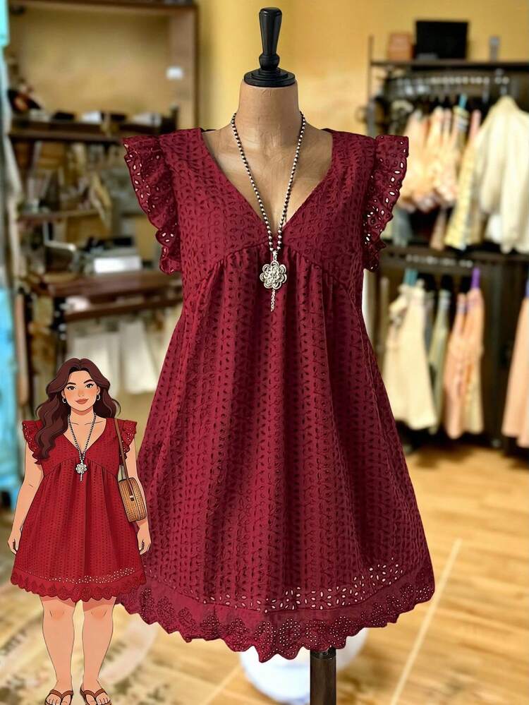 New Vintage Vacation Women's Dress, Jacquard Lace Hollow Pocket Lining, Cap Sleeve V-Neck Plus Size Dress  Summer Dress  Summer Outfits Summer Clothes Spring Dress Spring Outfit Women Spring Clothing Country Style For Women Country Dress For Women Plus Boho Dress Wine Dress Cottagecore Dress Eyelet Dress