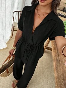 Louniche Conjunto de 2 piezas de camisa y pantalones de unicolor con cordón en la cintura, estilo casual de verano - Negro - Ver 3