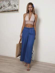 Sunnyshic Women's Elastic Waist Knotted Casual Versatile Daily Wear Wide Leg Jeans - Blue - View 5