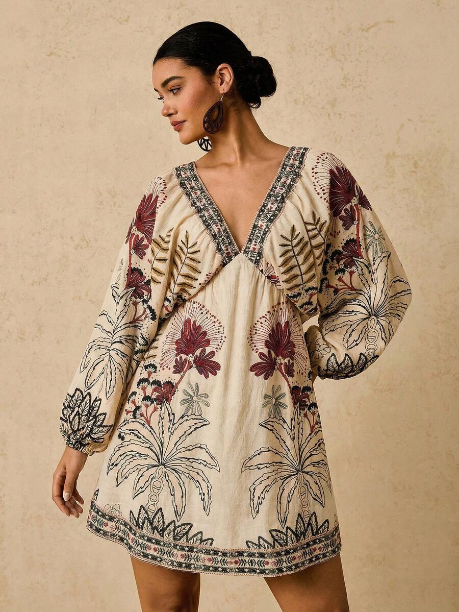 Travachic Plus Size Beige Summer Boho Vacation Holiday Mini Dress,Floral Print Deep V-Neck Lantern Sleeve Waist Cinched Moroccan Kaftan Tunic Dresses - Multicolor - View 1