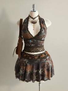 SHEIN ICON 大码 Y2K 佩斯利复古印花露背蕾丝装饰短款上衣和 A 字连衣裙两件套，适合音乐节、波西米亚风、复古风、夏季、蒸汽朋克风、Anthropologie 风格、波西米亚风等各种场合。 - 棕色 - 查看 1