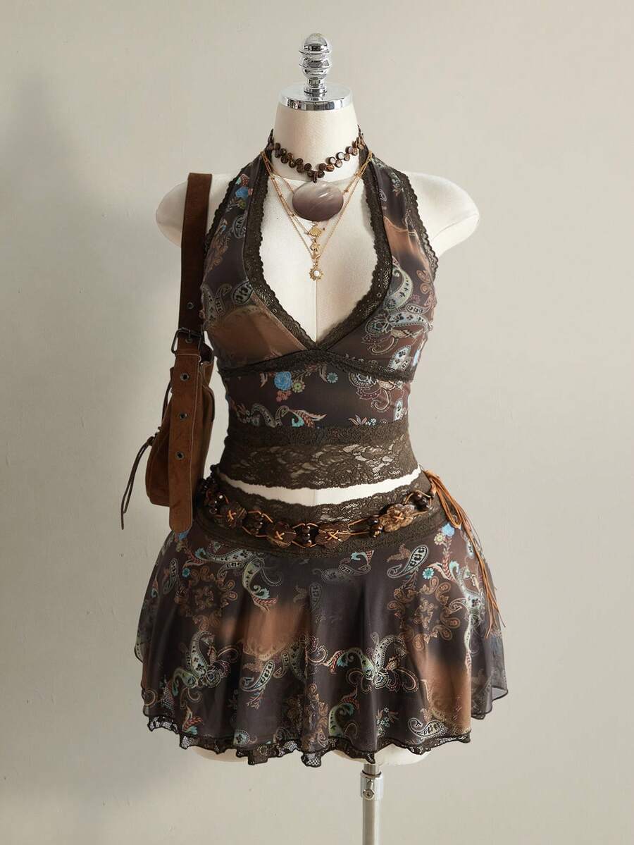 SHEIN ICON 大码 Y2K 佩斯利复古印花露背蕾丝装饰短款上衣和 A 字连衣裙两件套，适合音乐节、波西米亚风、复古风、夏季、蒸汽朋克风、Anthropologie 风格、波西米亚风等各种场合。 - 棕色 - 查看 1