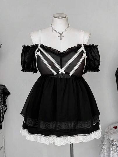 Sunspun 大码纯色雪纺露肩短袖衬衫，饰有荷叶边和蝴蝶结