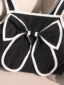 SHEIN Bộ 2 món cho bé gái tuổi teen: Áo croptop hai dây phối màu tương phản thanh lịch và quần ống đứng dệt họa tiết nơ, trang phục thường ngày, đi nghỉ mát, dự tiệc. - màu đen - Xem 5