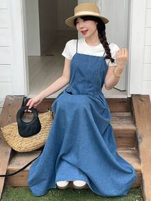 DAZY 女士牛仔吊带连衣裙，韩版水洗优雅长裙 - 中等水洗藍 - 查看 2