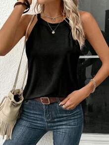 SHEIN LUNE Áo tank top cổ yếm thoải mái, chất liệu 95% cotton dành cho nữ, thích hợp cho mùa hè. - màu đen - Xem 5