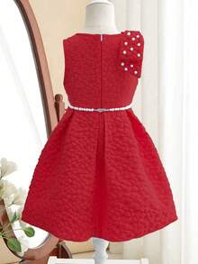 SHEIN Vestido sin mangas con cuello redondo y estampado floral jacquard elegante para niñas pequeñas, con lazo desmontable y cierre con cremallera en la espalda, para uso casual diario, fiestas y ocasiones especiales - Rojo - Ver 2