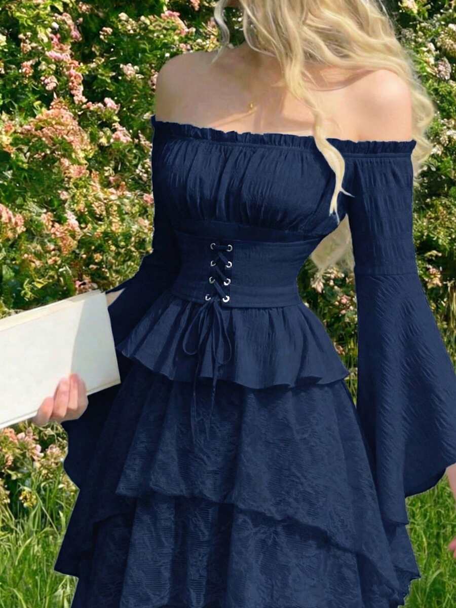 SHEIN MOD Blusa de un hombro con volantes, con cordones en el frente, busto fruncido y bajo con volantes, de color blanco - Azul Marino - Ver 1