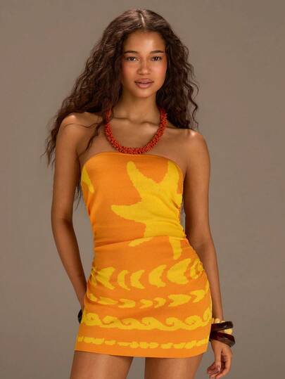 Athîral Kadınlar için Tatil Plajı Renk Bloklu Askısız Mini Örme Elbise