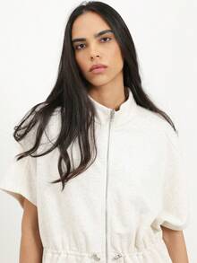 KSTM Women Cream Short Sleeve Zip Front Drawstring Waist Utility Jacket Spring Summer Lightweight Outerwear - Grey - View 5