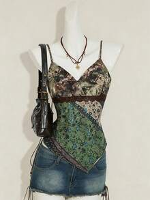 Sweetra Áo hai dây kiểu Pháp lãng mạn, họa tiết hoa, chất liệu lưới phối ren tương phản, phong cách cổ điển, có đai thắt eo, vạt áo bất đối xứng, tạo nên vẻ ngoài độc đáo cho phái nữ. - Nhiều màu - Xem 2