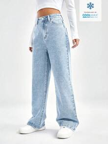 SHEIN EZwear 女士休闲日常通勤简约高腰宽松阔腿牛仔裤 - 藍色 - 查看 5