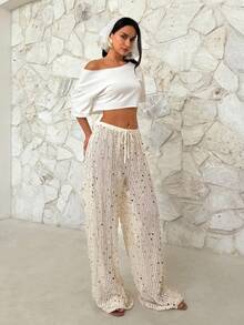 Firerie Women's Elegant Casual Beach Vacation Music Festival Party Low Waist Drawstring Knit Sheer Wide-Leg Pants, Spring/Summer - Beige - View 4