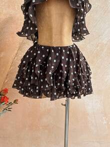 Soleia Women's Polka Dot Pattern Layered Ruffle Trim Halter Neck Crop Top, Vacation Style - Coffee Brown - View 5