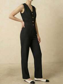 Conjunto 2 piezas Chaleco y pantalón tipo sastre mujer elegante, botones al frente, traje sofisticado para eventos formales y casuales tejido ligero cuelloescote V pantalón largo tipo sastre pierna recta, cómodo fresco eleganate día noche fiesta evento ideal para la oficina o el trabajo - Negro - Ver 2