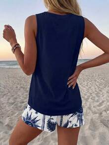 Sylviya 女士休闲圆领背心短裤套装（2件套），适合夏季穿着 - 彩色 - 查看 2