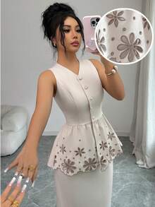Modelyn Bộ đồ 2 món thanh lịch dành cho nữ: áo hai dây và chân váy thêu khoét lỗ, thích hợp cho mùa hè. - Màu be - Xem 7
