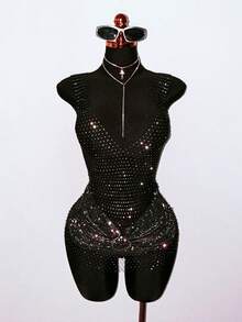 EgrlEra Rochie de petrecere pentru femei, cu decolteu adânc în V, sexy, transparentă, din material tip plasă cu strasuri, potrivită pentru petreceri de sărbători, ținute de club - Negru - Vizualizare 3