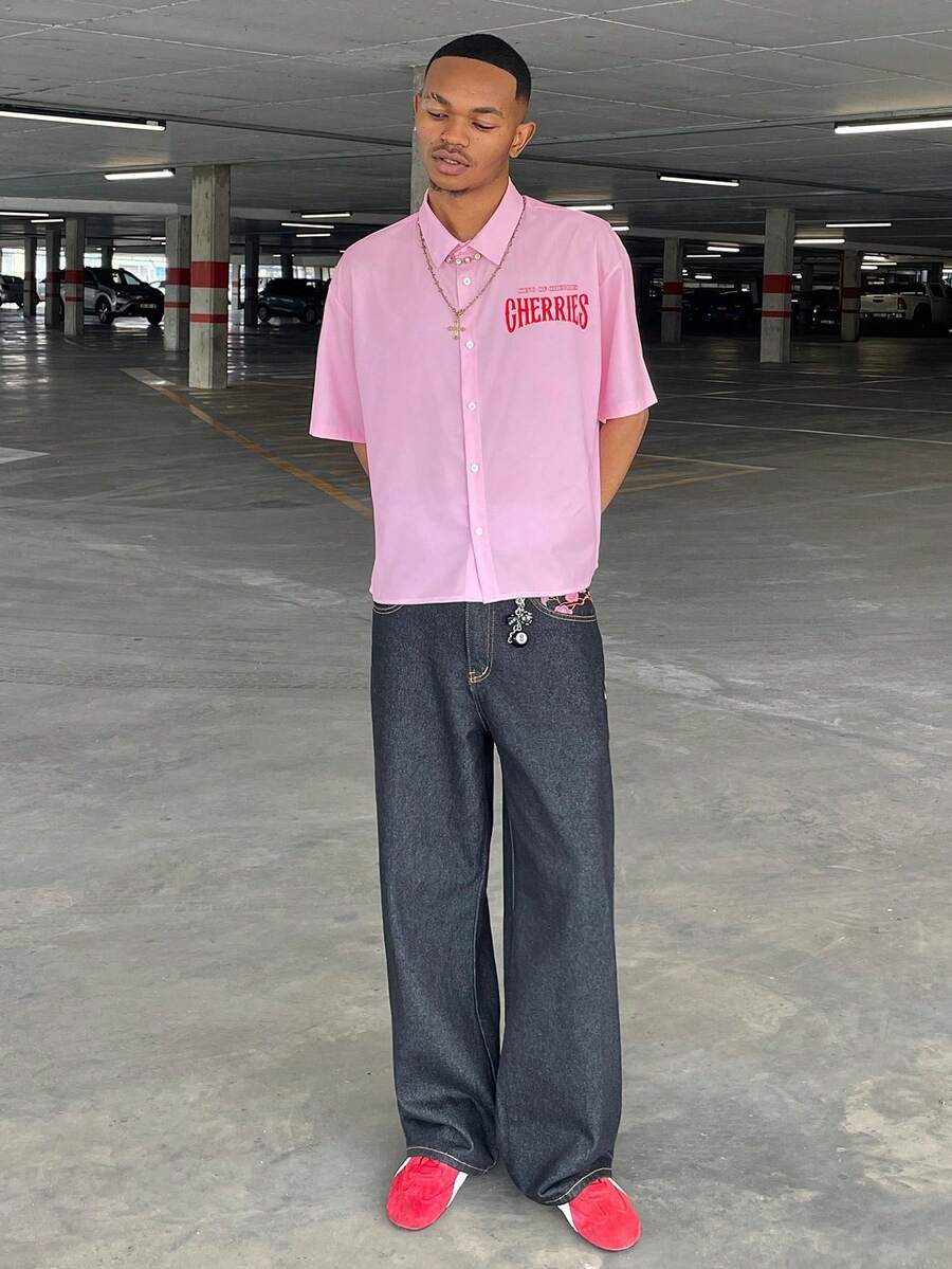 Ngobest Haus Ngobest Haus 男士短袖后背樱桃字母图案休闲夏季衬衫男樱桃衬衫 - 粉色 - 查看 1