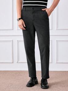 Officeau Men's Solid Color Slant Pocket Straight Leg Casual Pants, Suitable For Commuting - Black - View 6