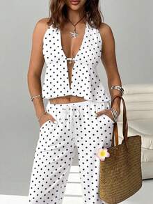 SHEIN EZwear 两件套波点印花系带露背吊带背心和抽绳阔腿裤，适合度假和海滩穿着。 - 白色 - 查看 4