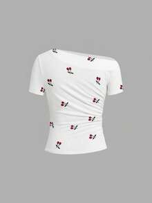 Ellevyn 3件套女士优雅不对称褶皱腰部上衣套装，樱桃印花、波点印花和纯色，适合多种场合 - 彩色 - 查看 5