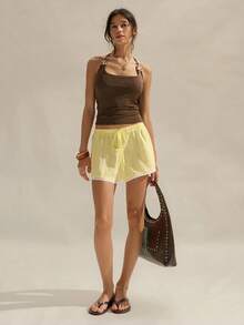 Easelle 复古波西米亚风低腰蕾丝拼接舒适柔软女式短裤 - 黃色 - 查看 5