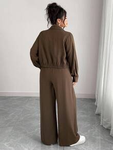 Elenzga 大码女式法式浪漫西西里优雅休闲通勤度假纯棕色衬衫领隐形门襟松紧下摆长袖衬衫 + 松紧腰工装裤套装，春/秋/冬棕色两件套女式两件套裤装女式棕色裤装两件套女式套装女式 - 棕色 - 查看 2