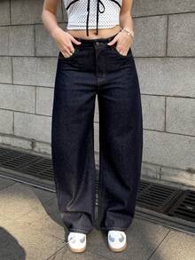 MainGRL 女士休闲日常口袋纽扣牛仔裤 - 藏蓝色 - 查看 5