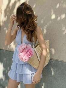 SHEIN EZwear Women's Striped Ruffle Hem Backless Halter Top And Mini Skirt Sexy Fashion 2-Piece Set - Baby Blue - View 9