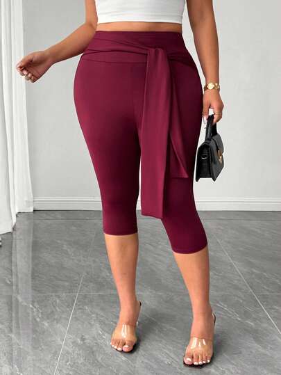 Elenzga Plus Size Women's High Waist Tie Burgundy Cropped Leggings, Slim Fit High Stretch Skinny Pants, Versatile For Commuting And Dating