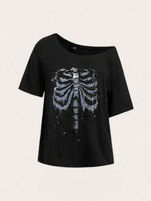 SHEIN EZwear 休闲简约骷髅印花落肩女式T恤，适合夏季 - 黑色 - 查看 5