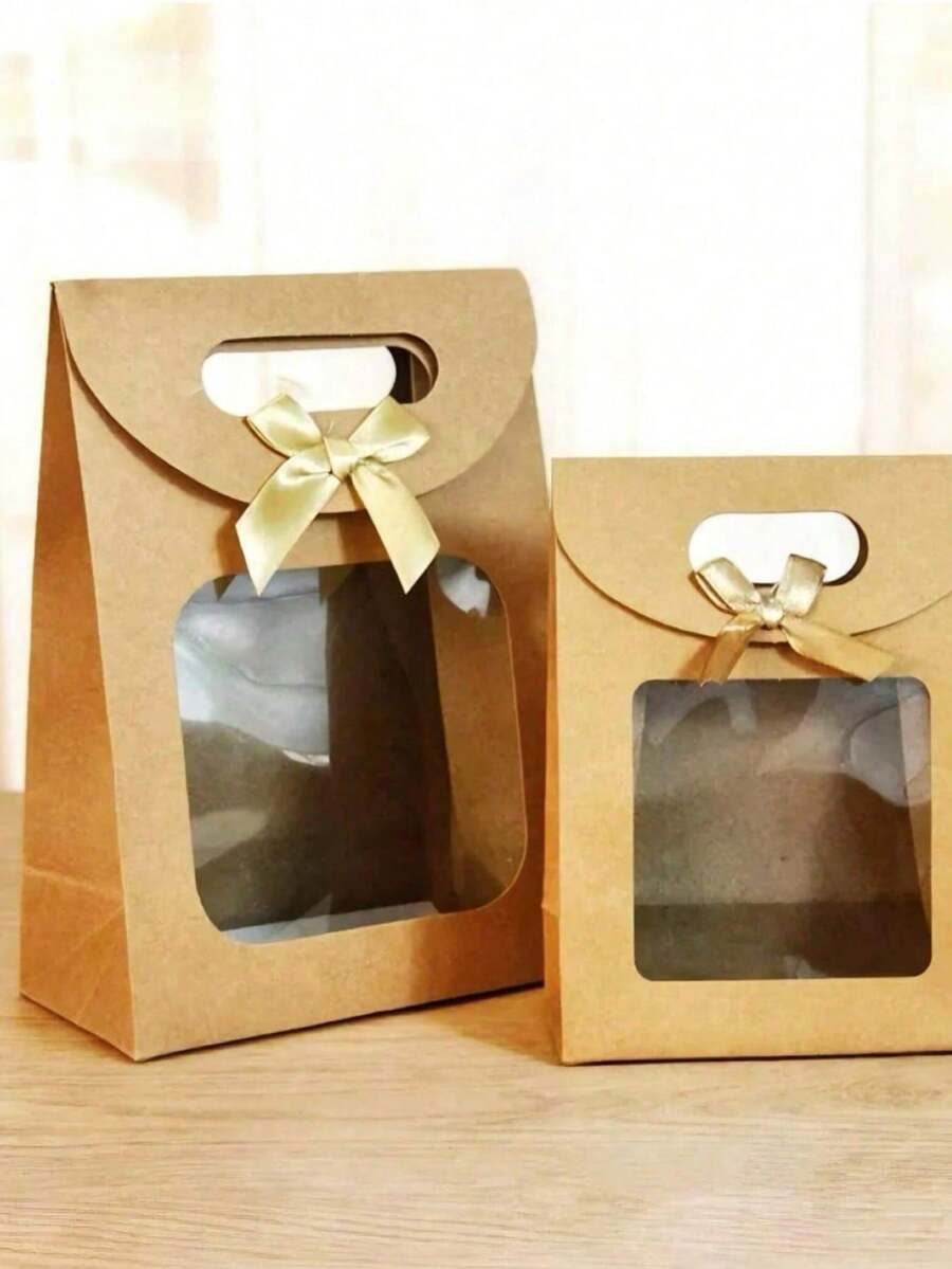 1/10/20个装 简约时尚翻盖蝴蝶结透明包装袋,礼品袋,蝴蝶装饰,鲜花包装展示袋,翻盖礼品袋,带透明窗口,小号棕色/白色礼品袋,适用于家居收纳、节日礼物、办公、婚礼回礼,是送给女朋友、朋友、老师、领导、长辈的绝佳礼物 - 彩色 - 查看 1