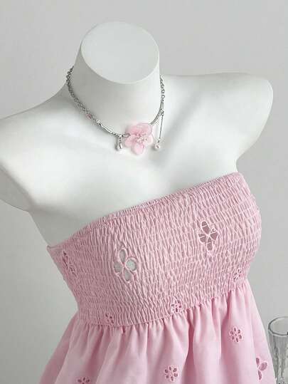 Elamini Áo quây không dây màu hồng gợi cảm tối giản dành cho nữ, thích hợp cho kỳ nghỉ hè, thêu họa tiết.