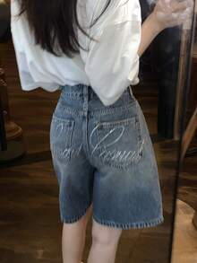 DAZY Women's Retro Washed Distressed Rhinestone Embellished Casual Denim Shorts Summer - Blue - View 5