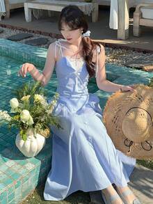 女士条纹韩式蕾丝拼接长连衣裙，春夏吊带裙 - 淺藍色 - 查看 4