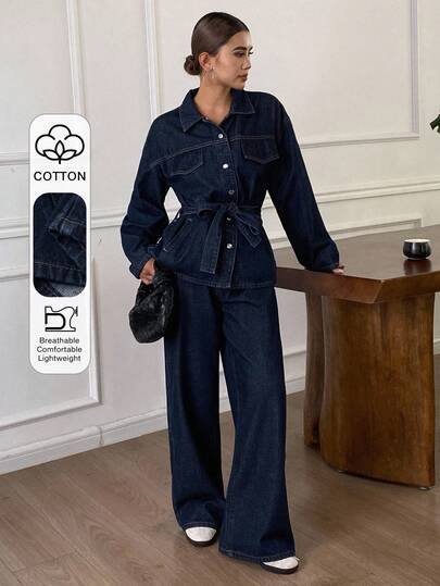 DAZY Women's Turndown Collar Washed Vintage Korean Style Long Sleeve Shirt And Loose Fit Jeans Two Pieces Suit