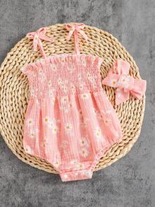 SHEIN 女婴碎花连体衣，配蝴蝶结发带 - 粉色 - 查看 1