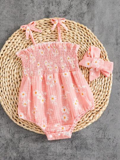 SHEIN 女婴碎花连体衣，配蝴蝶结发带