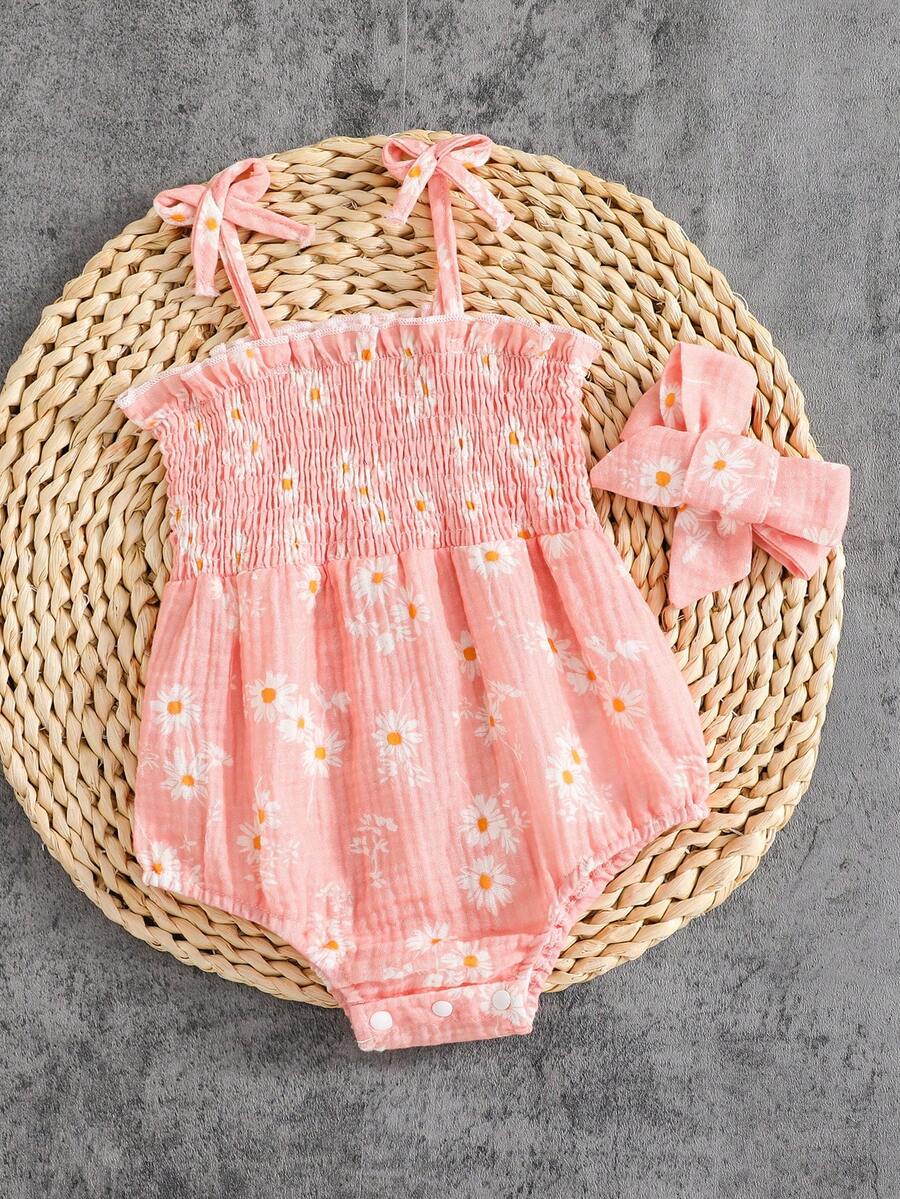 SHEIN 女婴碎花连体衣，配蝴蝶结发带 - 粉色 - 查看 1