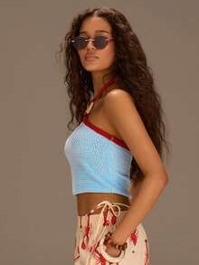 Athîral Dam Casual Stickad Ärmlös Patchwork Väst, Blå & Röd, Vår/Sommar - Blå - Visa 5