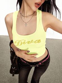 Rina Fox Top corto de mujer con estampado de letra de cristal Y2K para el verano, camiseta gráfica para mujer - Amarillo claro - Ver 3