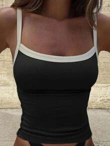 SHEIN Essnce 4 件装女士夏季运动训练撞色休闲吊带针织背心网球上衣，95% 棉，黑色、白色、粉色、蓝色 - 彩色 - 查看 6