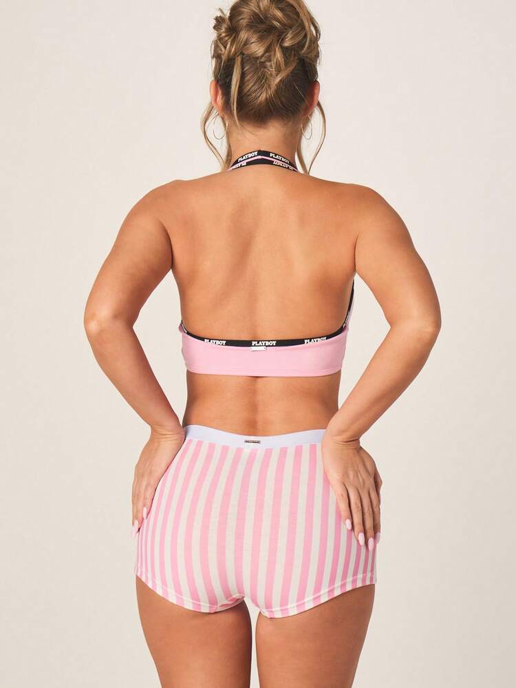 Missguided x Playboy Women's Striped Boyshort Underwear With Elastic Waistband Logo Loungewear Intimates Comfort Casual Daily Wear