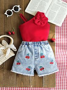 2件套女婴夏季红色甜美樱桃装饰吊带上衣和牛仔短裤套装，修身舒适款式，适合日常外出、休闲聚会、家庭派对和女婴节。樱桃印花短裤套装，女童樱桃主题服装，可爱夏季服装，女童夏季服装，女童套装，夏季女童樱桃主题服装，女童套装，女童牛仔短裤，女童夏季套装。 - 紅色 - 查看 3